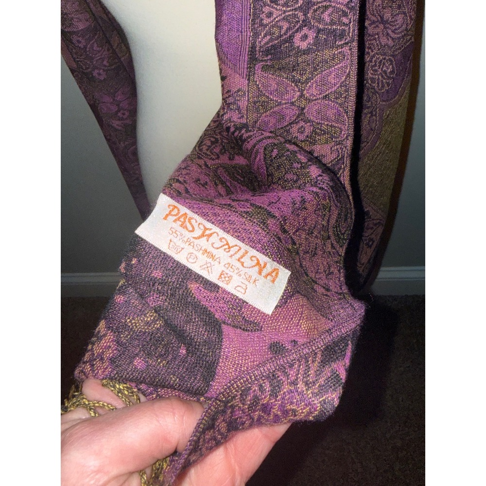 Elegant Paisley Pashmina Scarf Wrap Purple Gold Fringe Accent - Picture 4 of 8